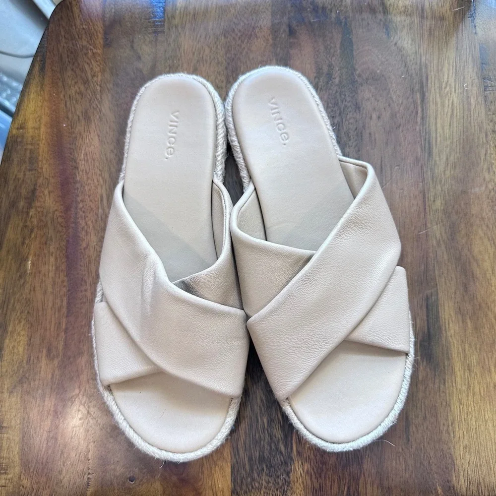 Vince Glyn Espadrille Sandals Women 8.5 Beige Leather Crisscross Slide‎ Spain